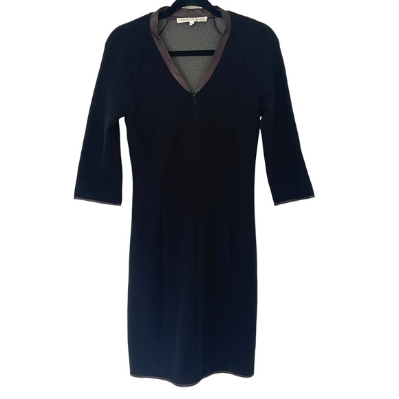 Veronica Beard Dresses & Skirts - Veronica Beard Zip Front Black Dress Wool Blend Leather Trim V Neck Size 2